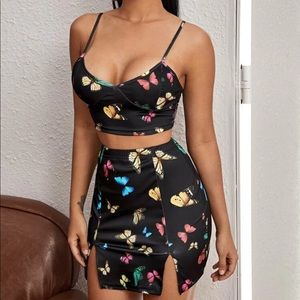 Shein Rainbow Butterfly Print Cropped Cami Top & Mini Skirt Set